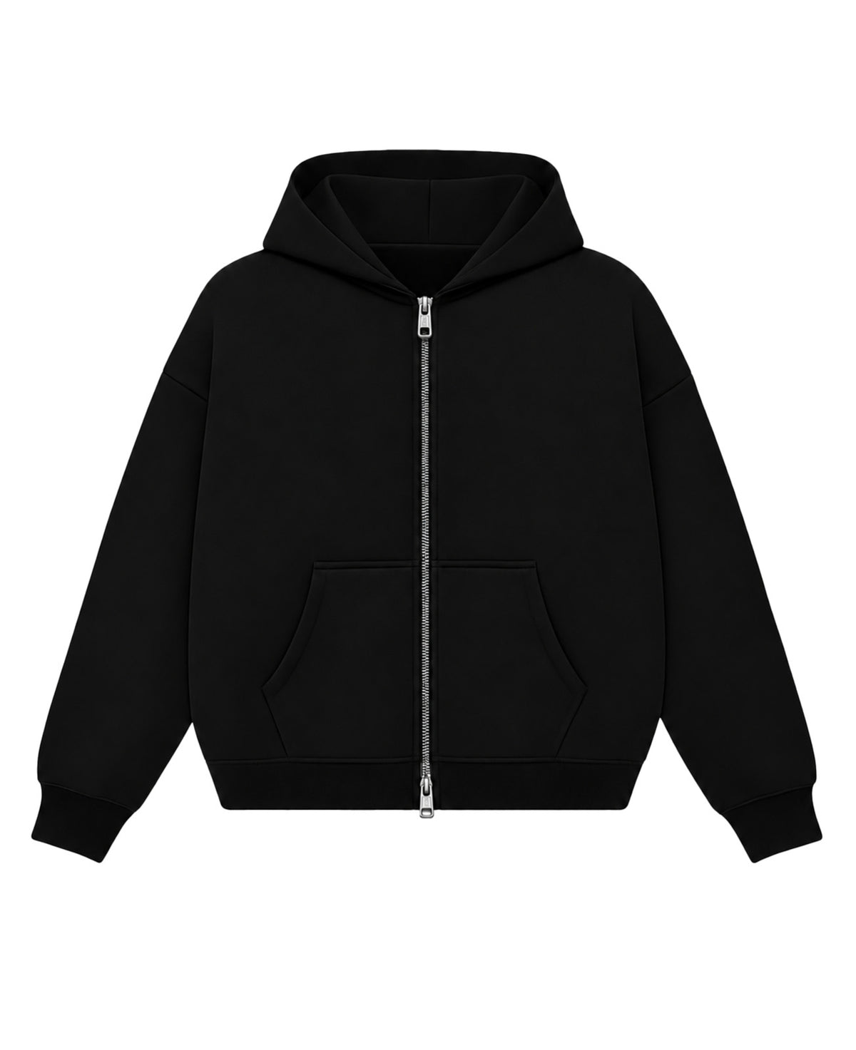 Black Boxy Double Zipped Hoodie Front Design
