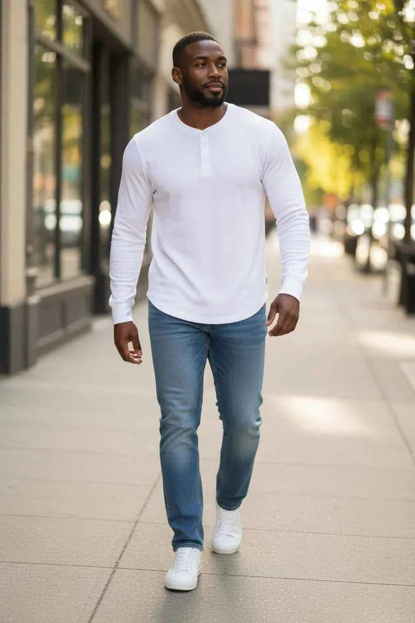 White Henley Waffle Knit