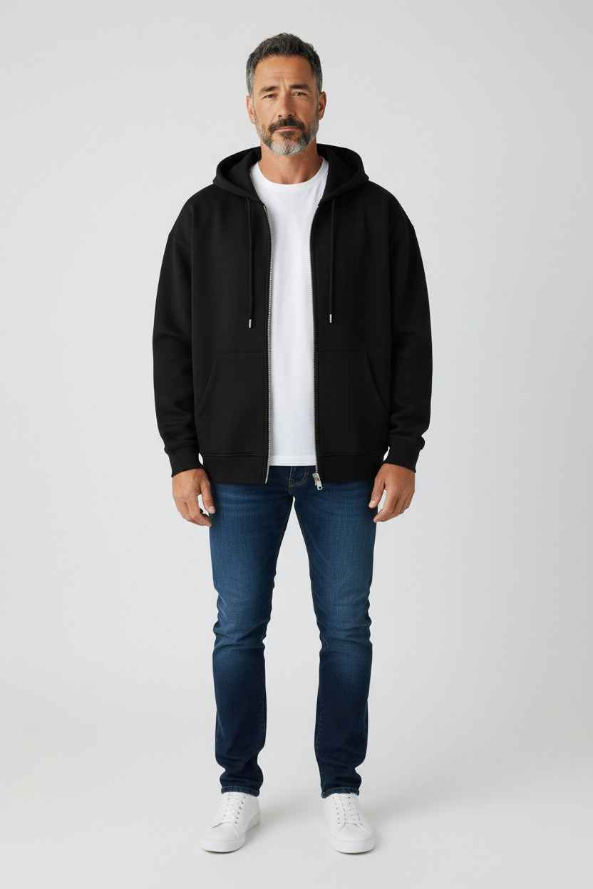 Black Boxy Double Zipped Hoodie