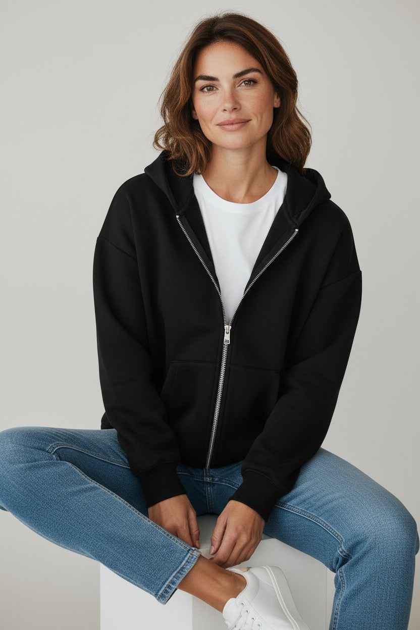 Black Boxy Double Zipped Hoodie
