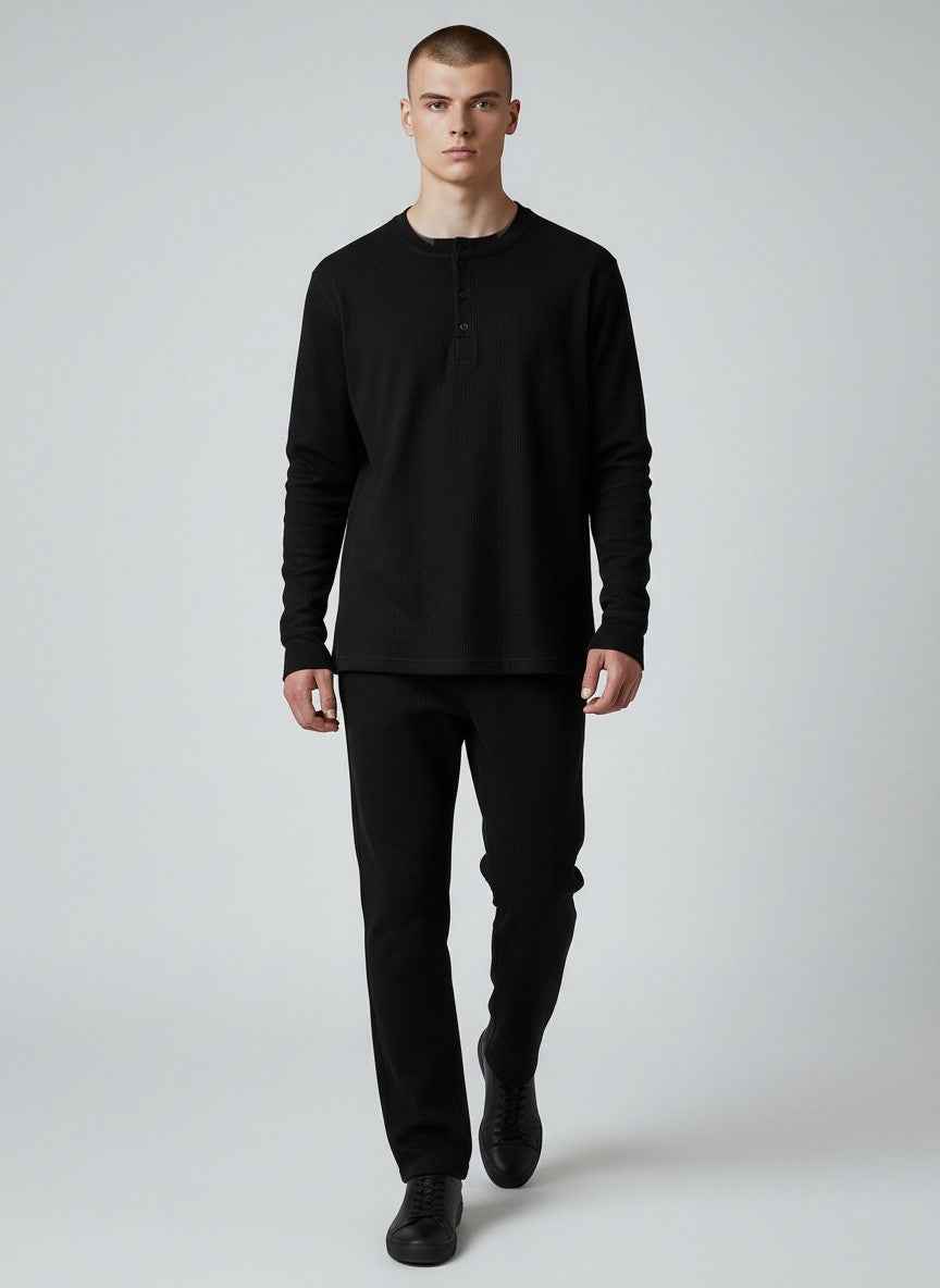 Black Henley waffle knit