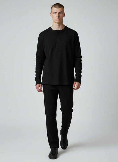 Black Henley waffle knit