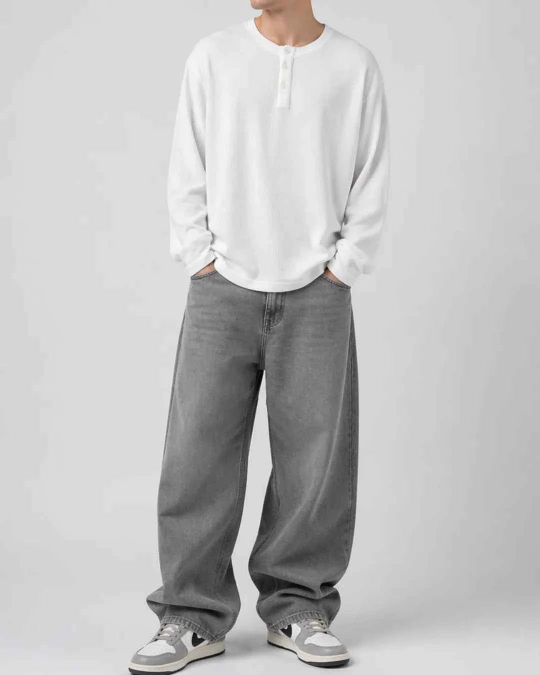 White Henley Waffle Knit